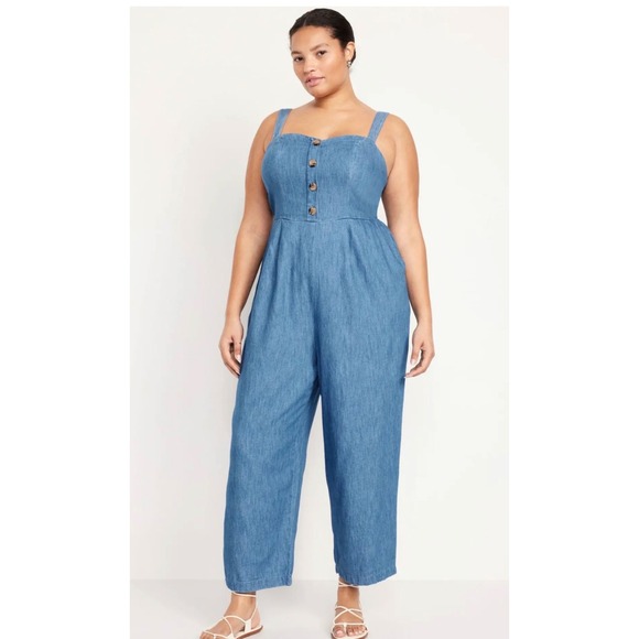 Old Navy Pants - NWT Old Navy XXL Blue Denim Chambray Overall Button Wide Leg Jumpsuit Beach